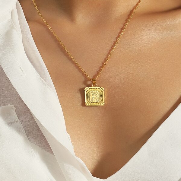 

Letter Pattern Rectangle Metal Pendant Necklace, Gold