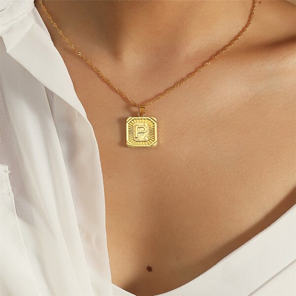 

Letter Pattern Rectangle Metal Pendant Necklace, Gold