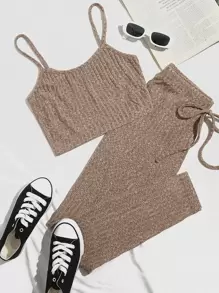 SHEIN EZwear Rib-knit Cami Top & Knot Front leggings Set - Khaki - View 1