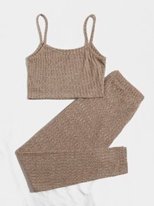 SHEIN EZwear Rib-knit Cami Top & Knot Front leggings Set - Khaki - View 2