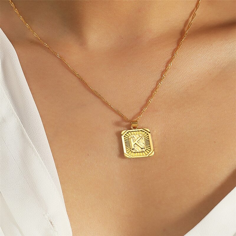

Letter Pattern Rectangle Metal Pendant Necklace, Gold