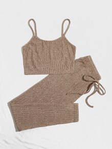 SHEIN EZwear Rib-knit Cami Top & Knot Front leggings Set - Khaki - View 3