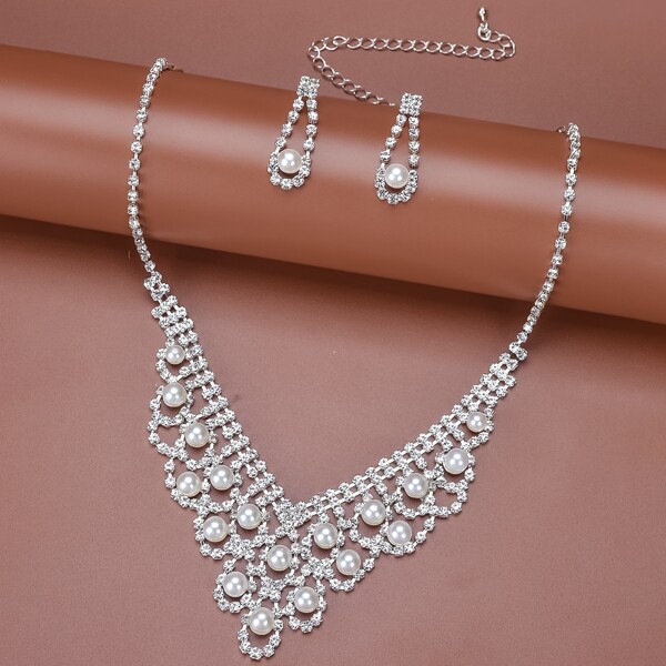 

1pc Faux Pearl & Rhinestone Decor Necklace & 1pair Earrings, Silver