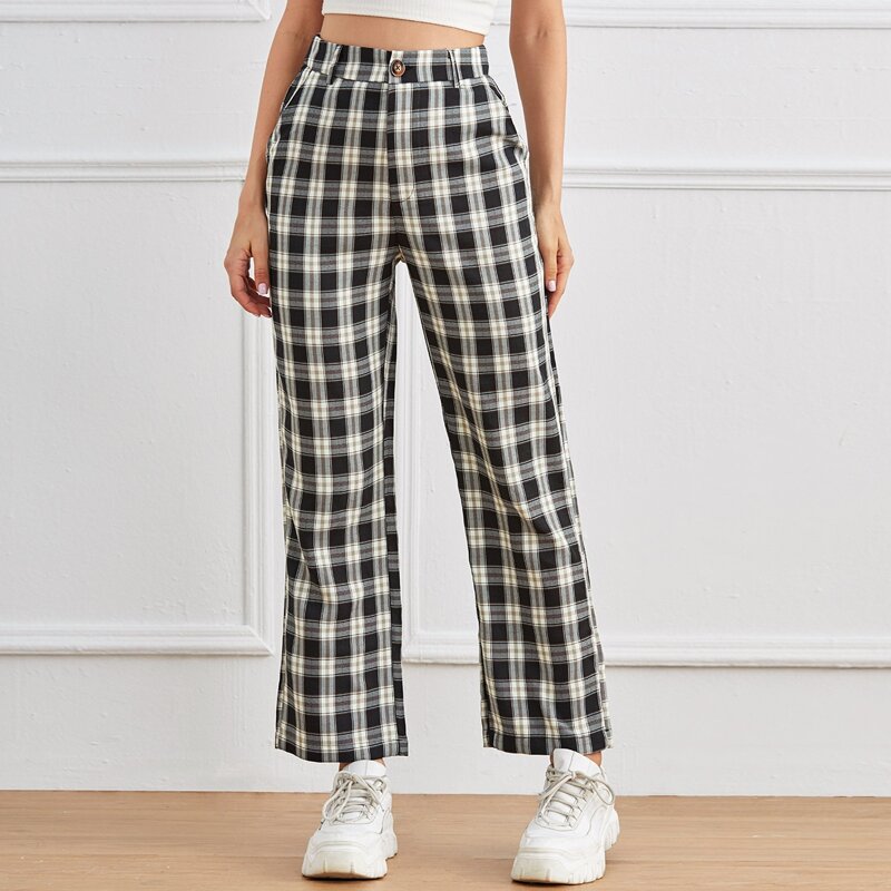 

Button Fly Slant Pocket Plaid Pants, Black and white