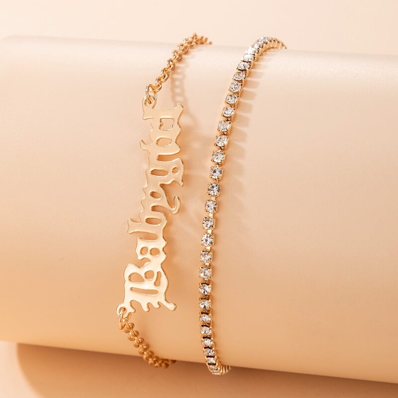 

2pcs Letter & Rhinestone Design Anklet, Gold
