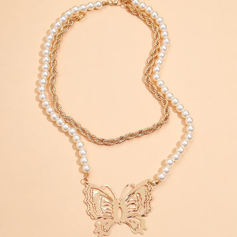 

Butterfly & Faux Pearl Beaded Layered Necklace, Gold