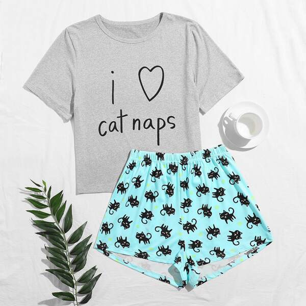 

Letter And Cat Print PJ Set, Multicolor