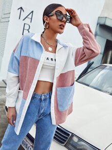 SHEIN EZwear 前口袋拼色燈芯絨襯衫 - 彩色 - 查看 1