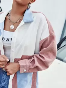 SHEIN EZwear 前口袋拼色燈芯絨襯衫 - 彩色 - 查看 4