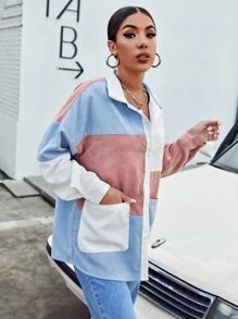 SHEIN EZwear 前口袋拼色燈芯絨襯衫 - 彩色 - 查看 5