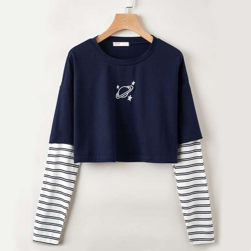 

Star Embroidery Striped Sleeve Oversized Tee, Multicolor