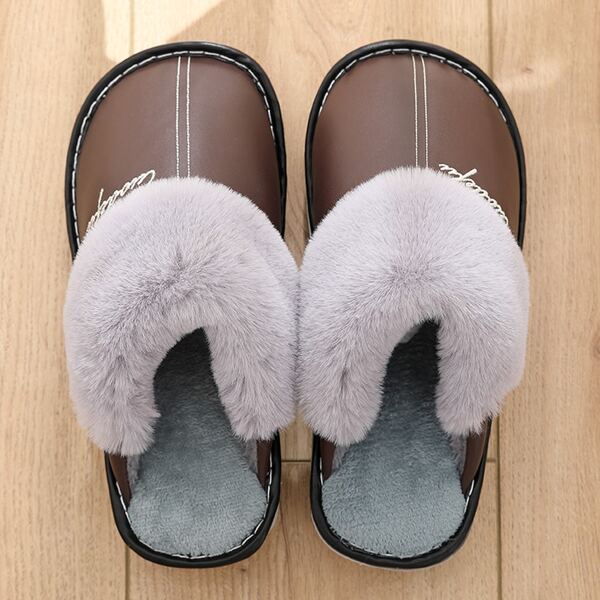 

Men Letter Embroidery Fluffy Slippers, Brown