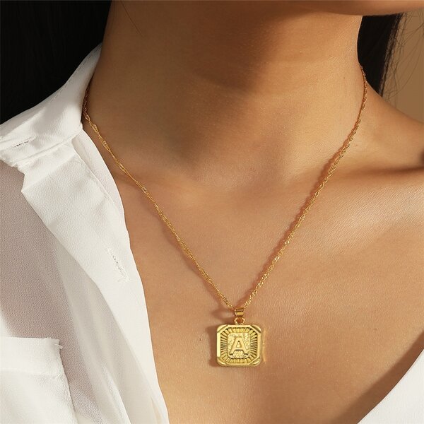 

Letter Pattern Rectangle Metal Pendant Necklace, Gold