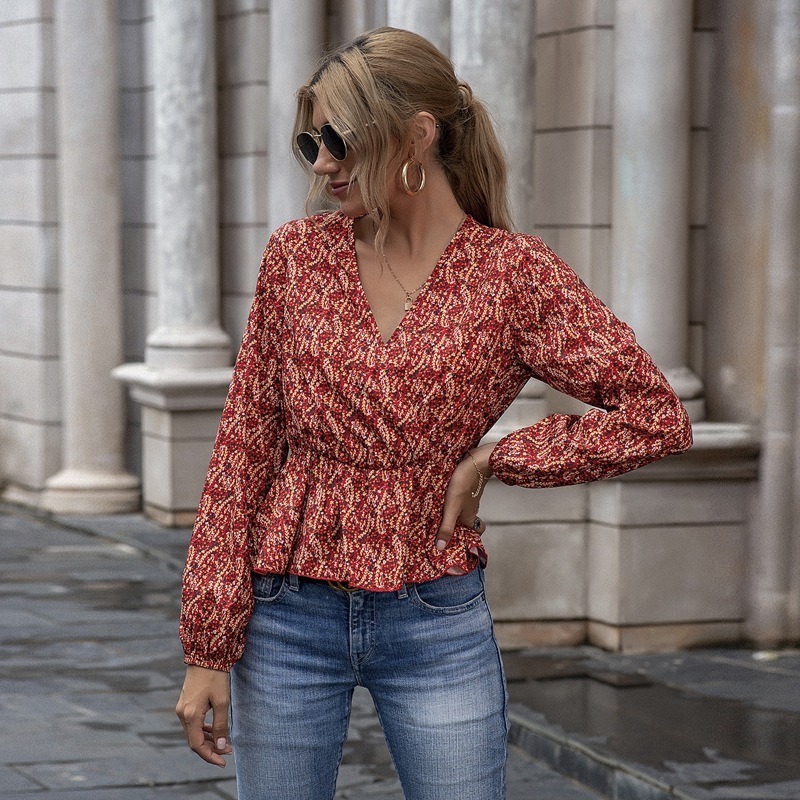 

Allover Plants Print Peplum Blouse, Red