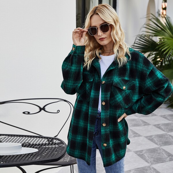

Flap Pocket Button Front Plaid Coat, Dark green