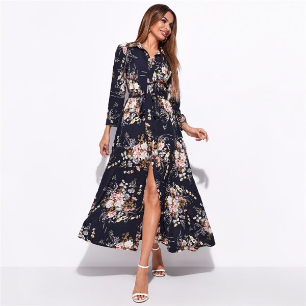 

Floral Print Self Belted Shirt Dress, Multicolor