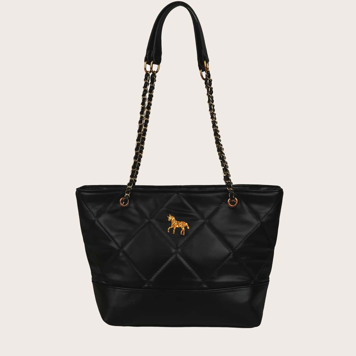 Quilted Chain Tote Bag, Black
