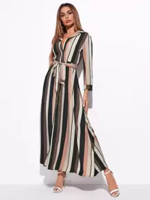 SHEIN Clasi 自腰帶條紋襯衫連衣裙 - 彩色 - 查看 4