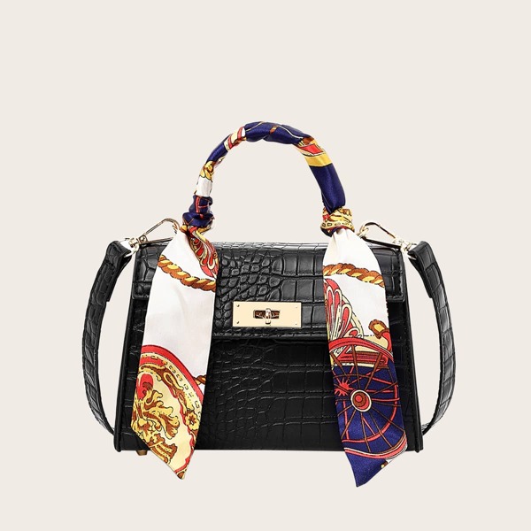 

Twilly Scarf Decor Croc Embossed Satchel Bag, Black