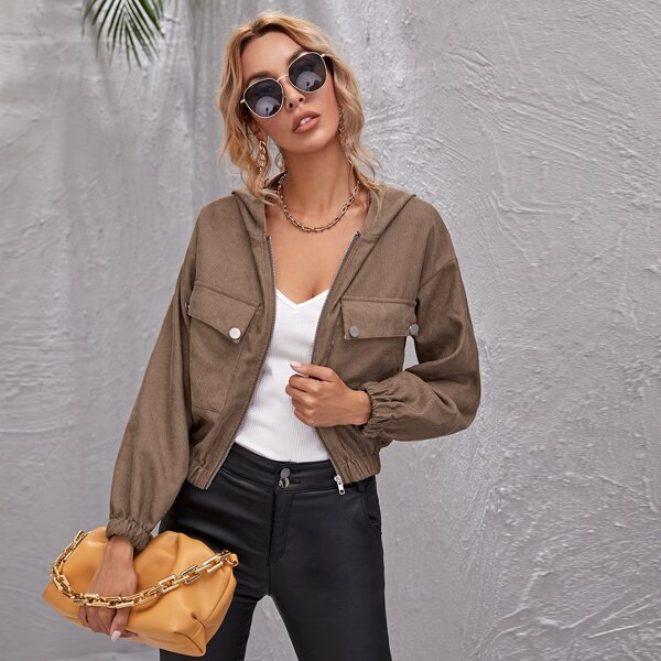 

Flap Pocket Zip Up Corduroy Jacket, Mocha brown