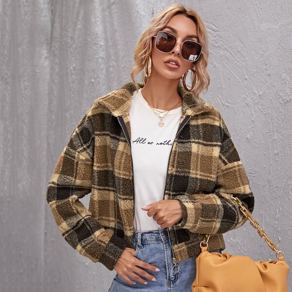

Drop Shoulder Zipper Teddy Jacket, Multicolor