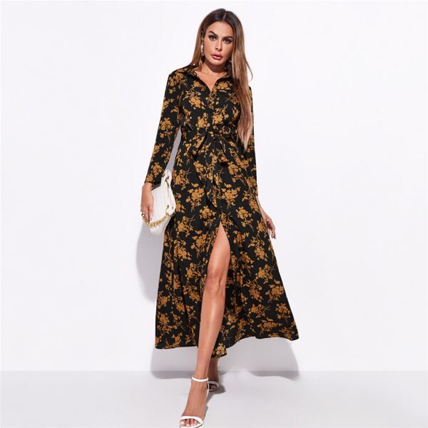 

Floral Print Self Belted Shirt Dress, Black