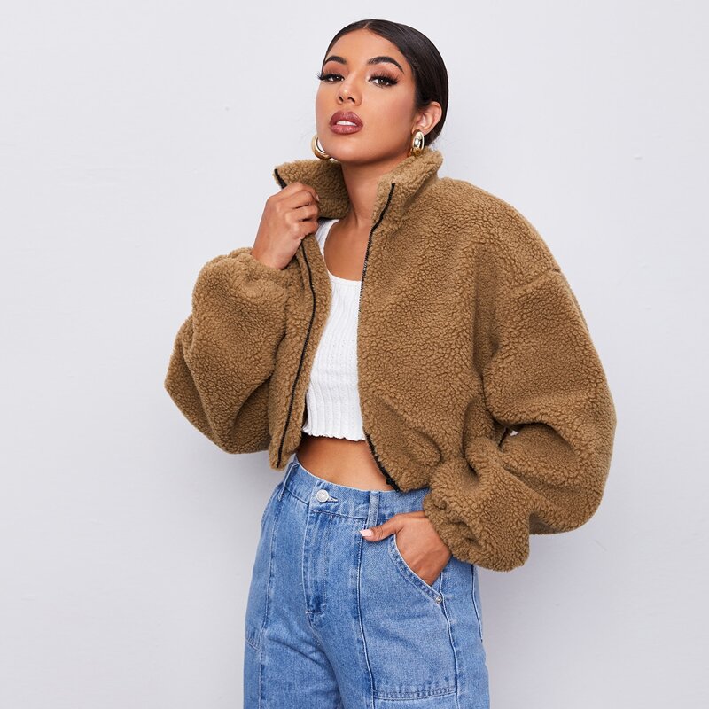 

Drop Shoulder Zip Up Teddy Jacket, Brown