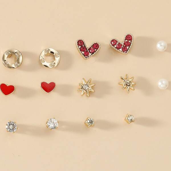 

7pairs Rhinestone & Faux Pearl Stud Earrings, Red