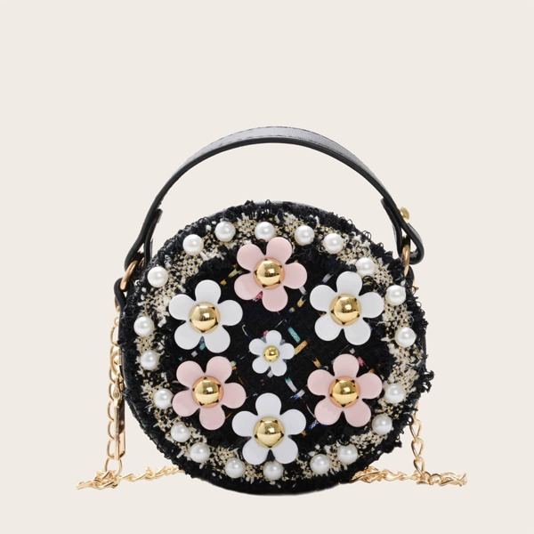 

Girls Floral & Faux Pearl Decor Box Bag, Black