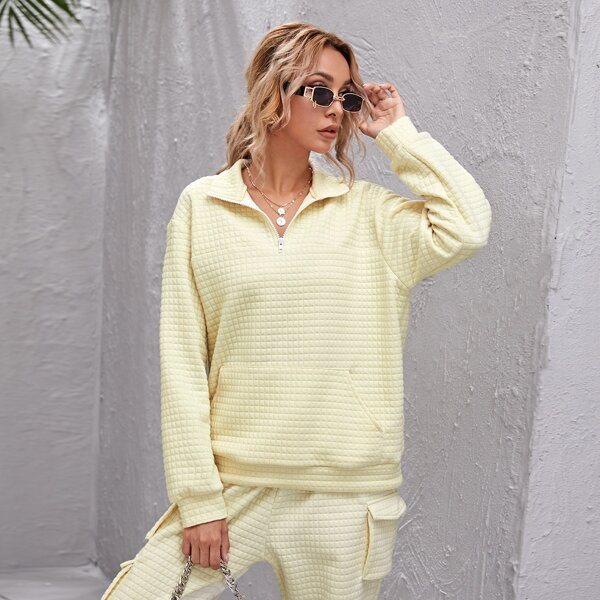 

Kangaroo Pocket Half Zip Texture Sweatshirt, Yellow pastel
