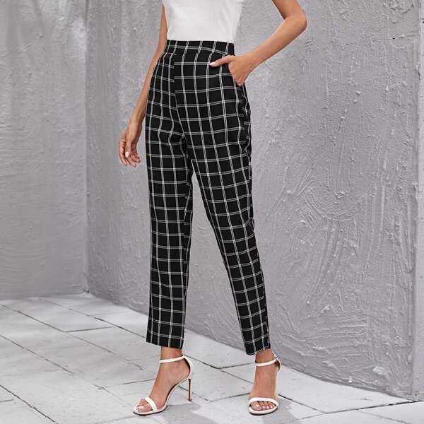 

Zip Back Grid Print Pants, Black