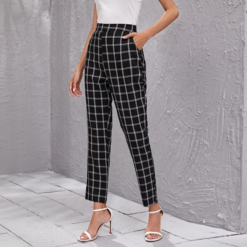 

Zip Back Grid Print Pants, Black