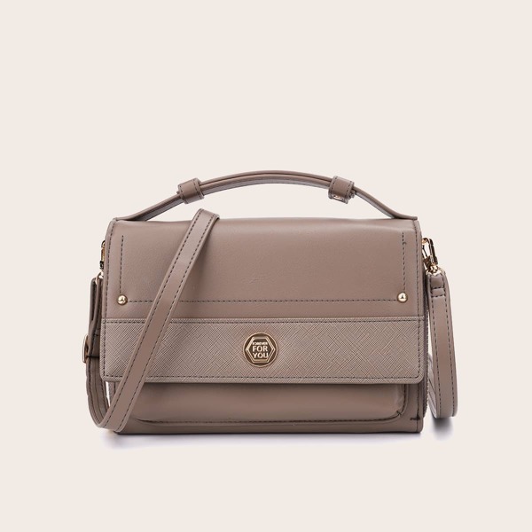 

Metal Letter Decor Flap Satchel Bag, Grey