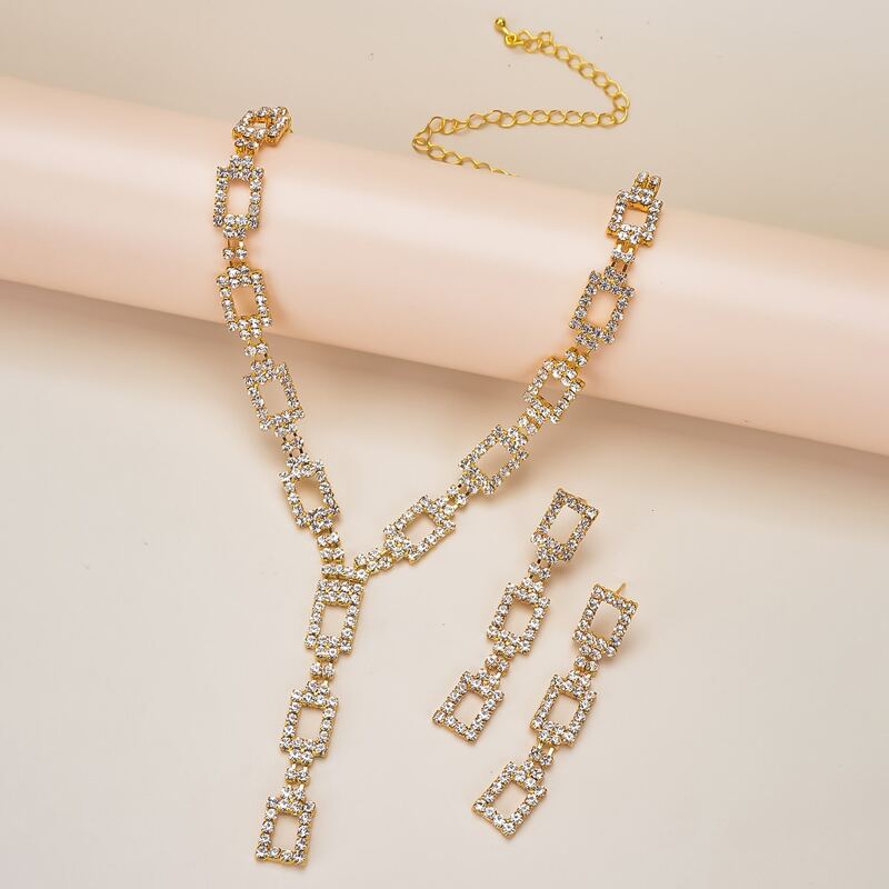 

1pc Rhinestone Geo Design Necklace & 1pair Earrings, Gold
