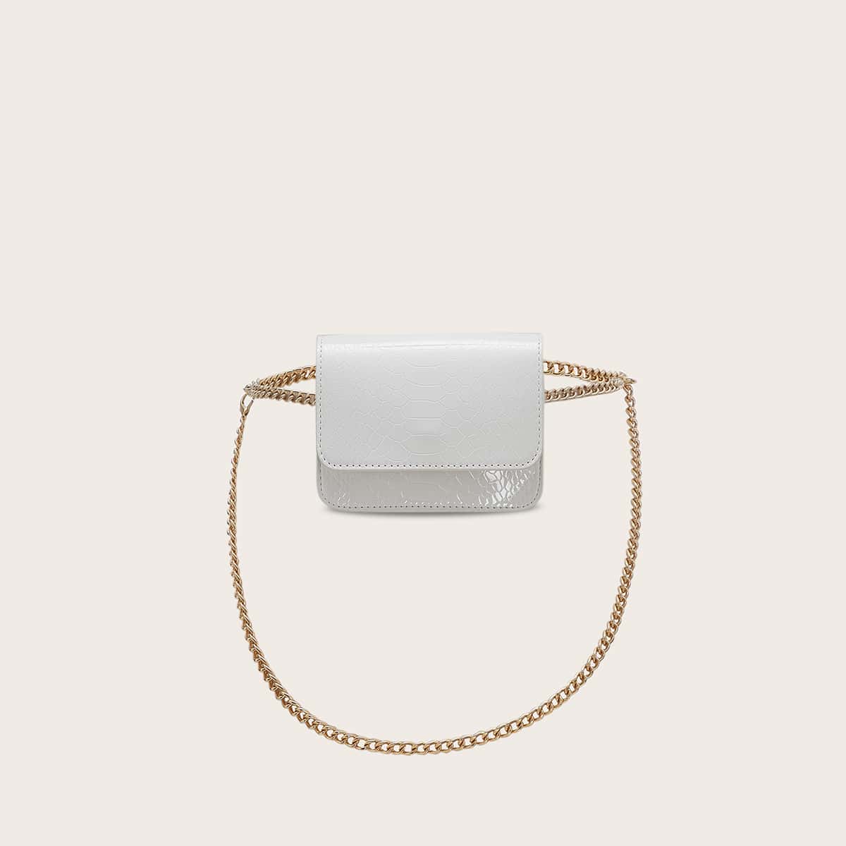 

Mini Croc Embossed Chain Belt Bag, White