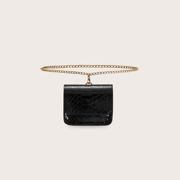 

Mini Croc Embossed Chain Belt Bag, Black