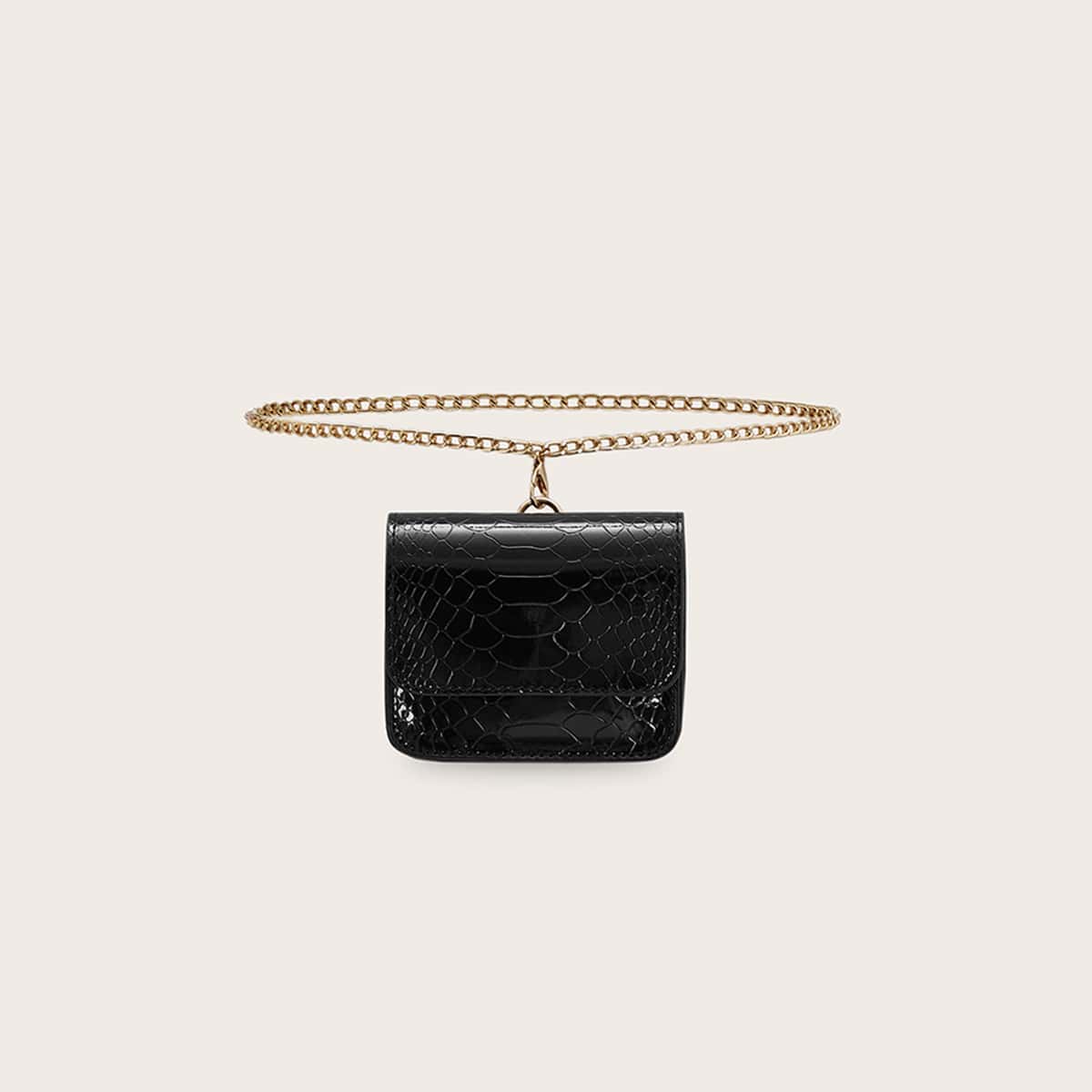 

Mini Croc Embossed Chain Belt Bag, Black