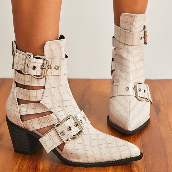 

Halloween Eyelet Buckle Decor Chunky Heeled Boots, Apricot