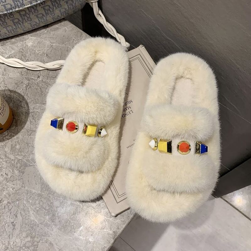 

Studded Fluffy Slippers, Beige