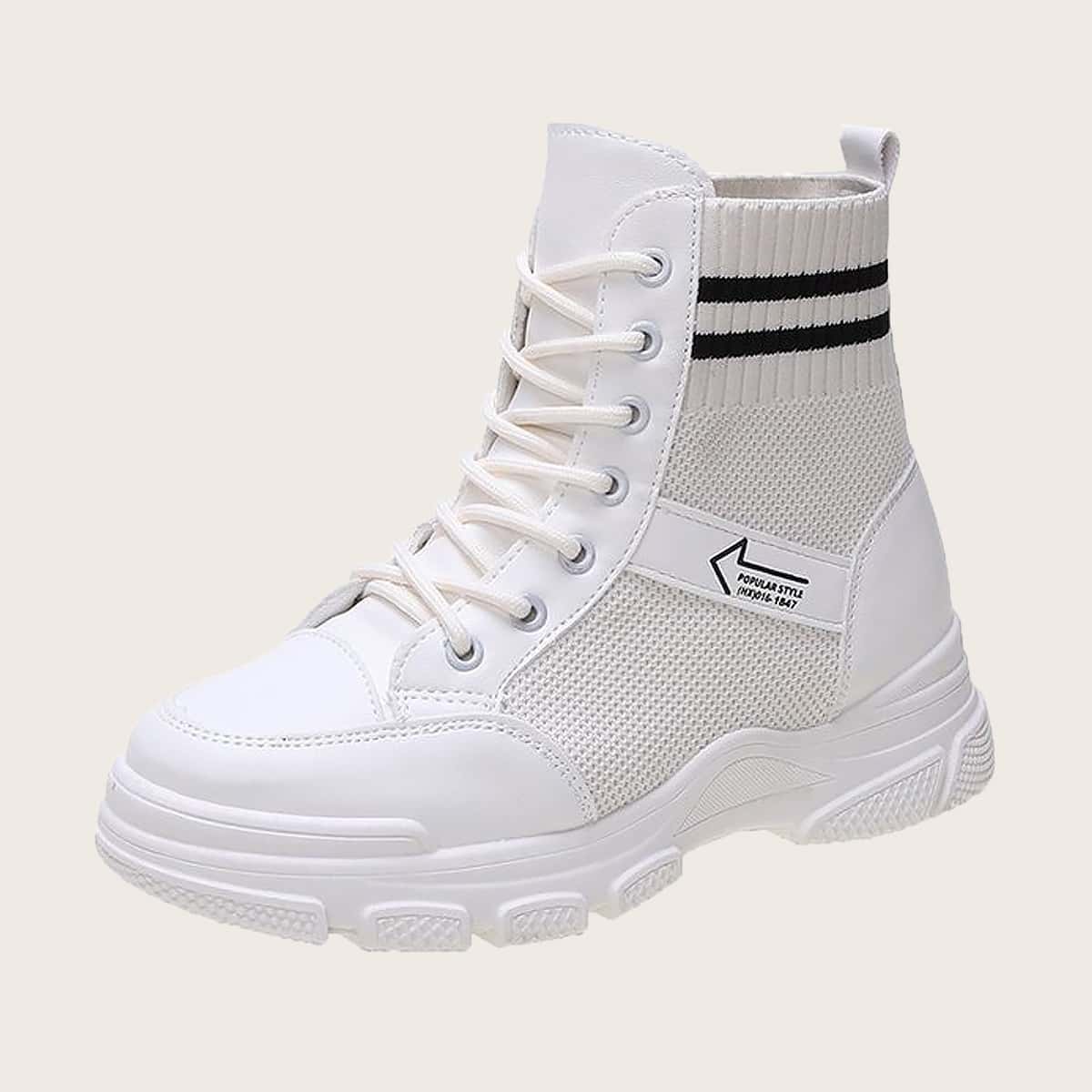 

Striped Lace-up Sock Boots, White