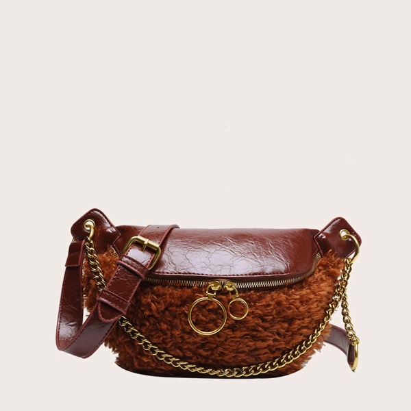 

Chain Decor Contrast Faux Fur Fanny Pack, Brown