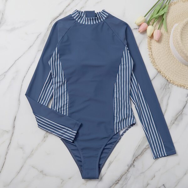 

Striped Zip-up One Piece Swimsuit, Dusty blue