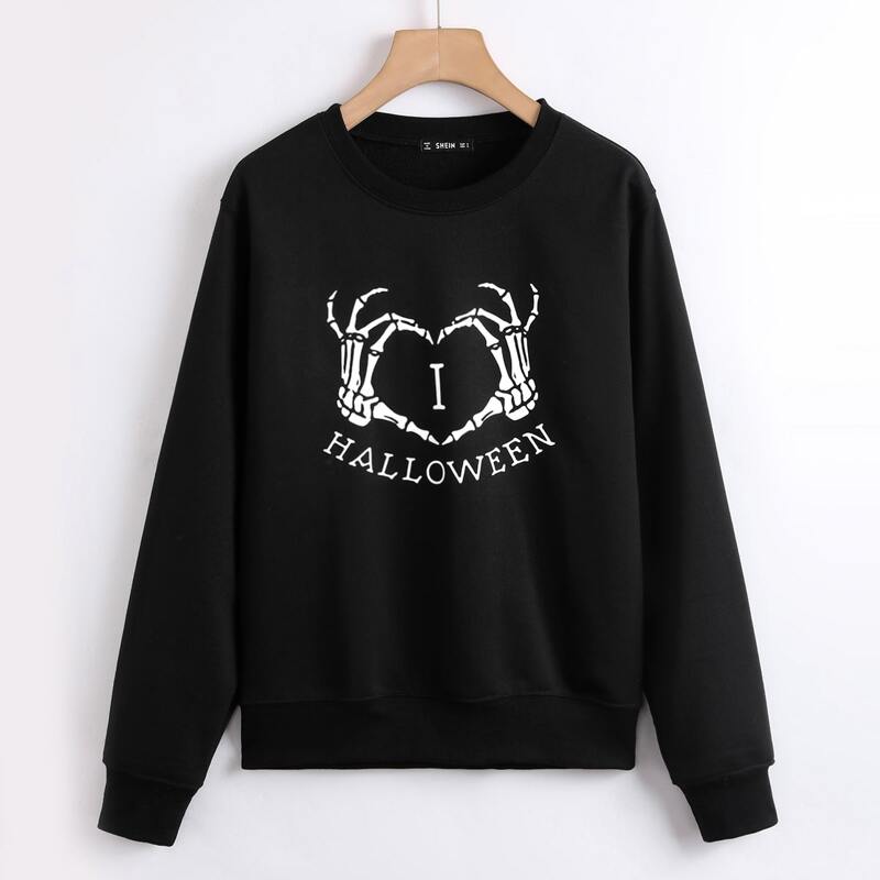 

Halloween Letter & Skeleton Hand Print Sweatshirt, Black