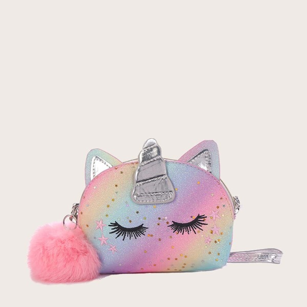

Girls Unicorn Design Crossbody Bag With Pom Pom, Multicolor