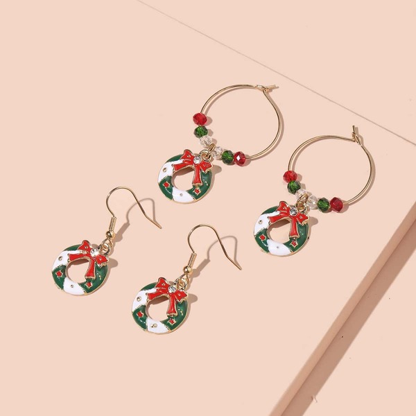 

2pairs Parent-girls Christmas Wreath Charm Drop Earrings, Multicolor