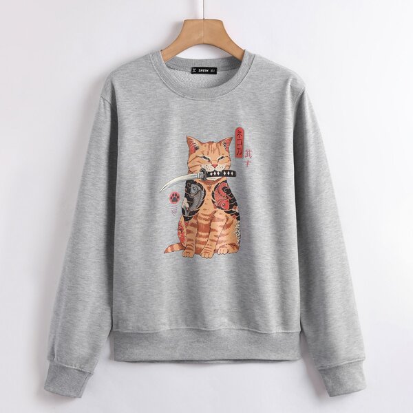 

Japanese Letter & Cat Print Sweatshirt, Grey