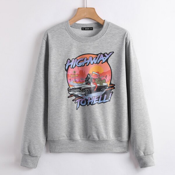 

Halloween Slogan & Skull Print Sweatshirt, Grey