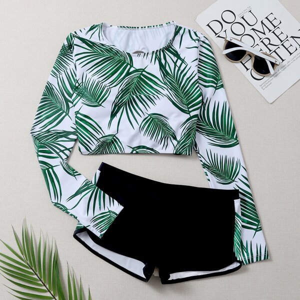 

Leaf Print Lace-up Back Bikini Swimsuit, Multicolor