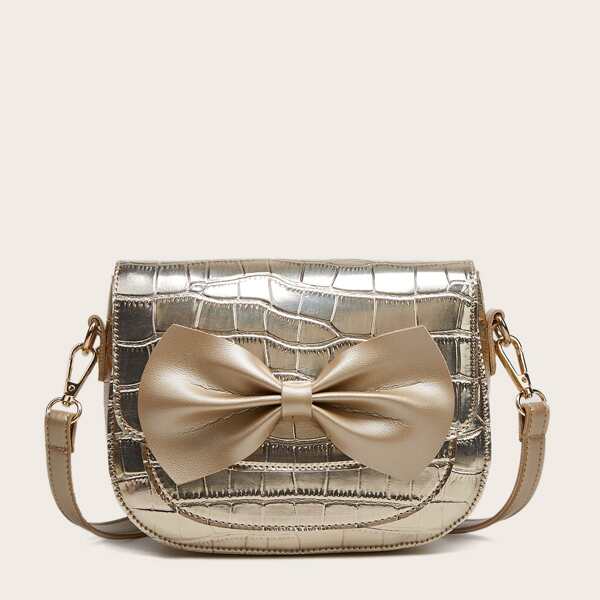 

Metallic Bow Decor Crocodile Crossbody Bag, Gold