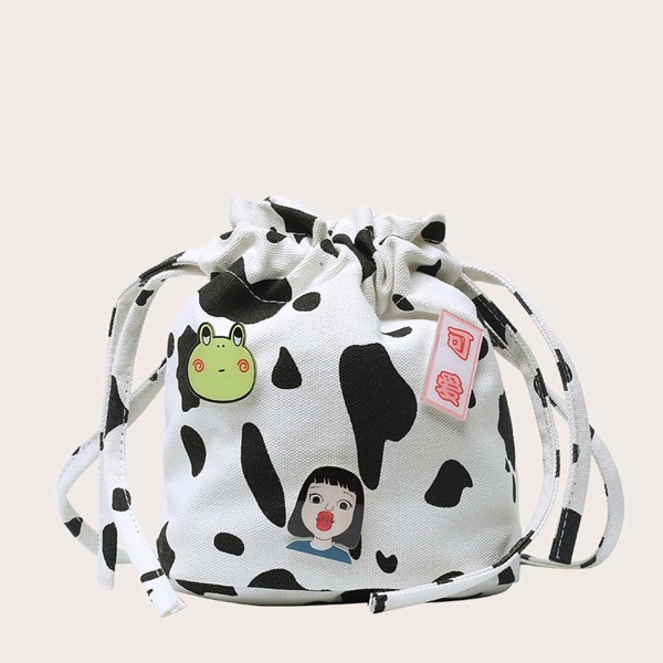 

Girls Cow Print Bucket Bag, Black and white